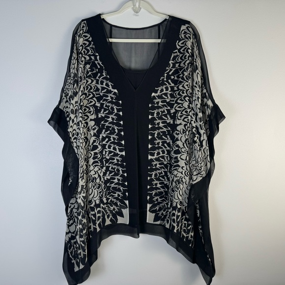 Harari Tops - Harari Silk Poncho 1X Flowy Black White with Tank 2X Top Blouse Graphic Print
